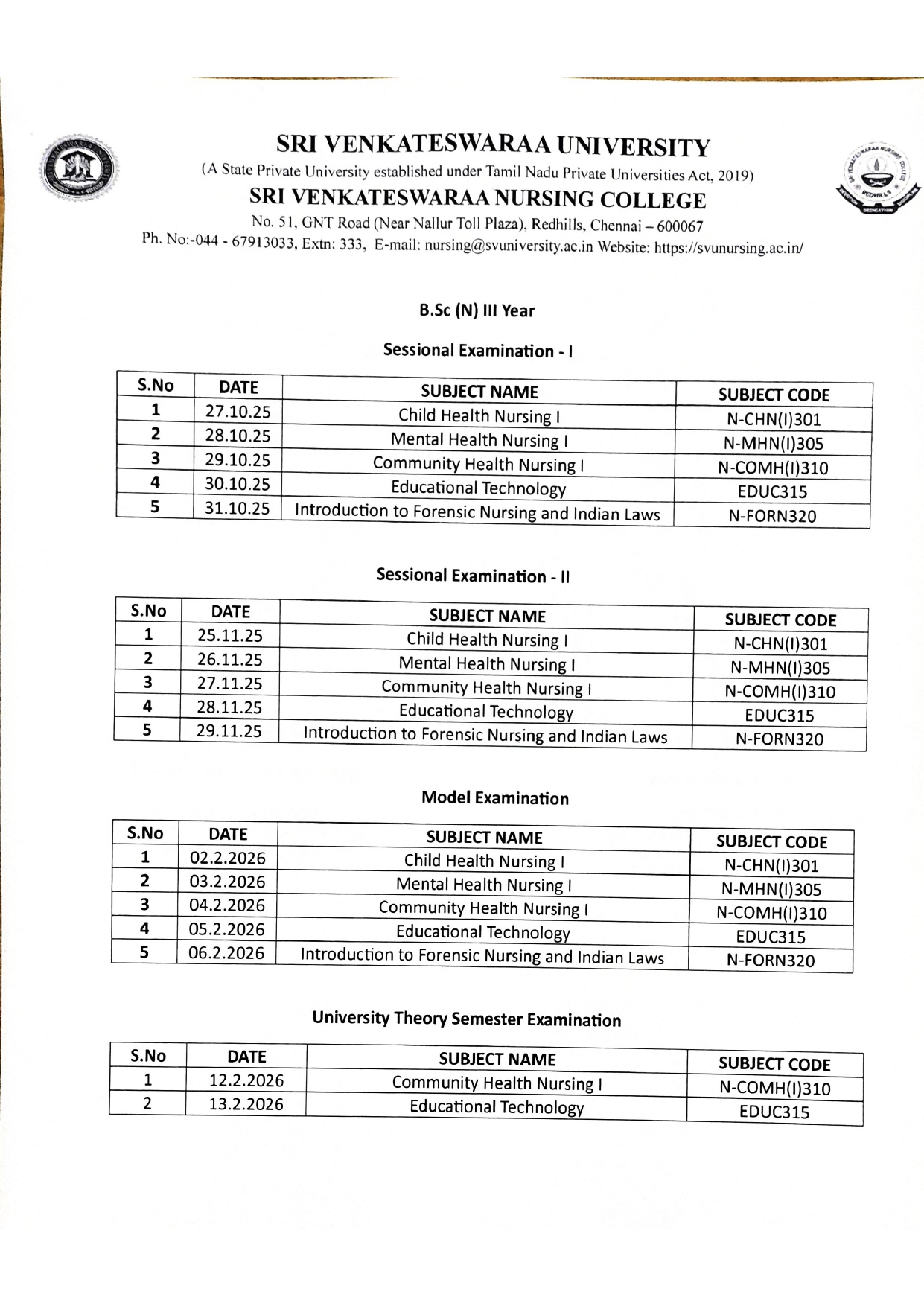 Third Year TimeTable